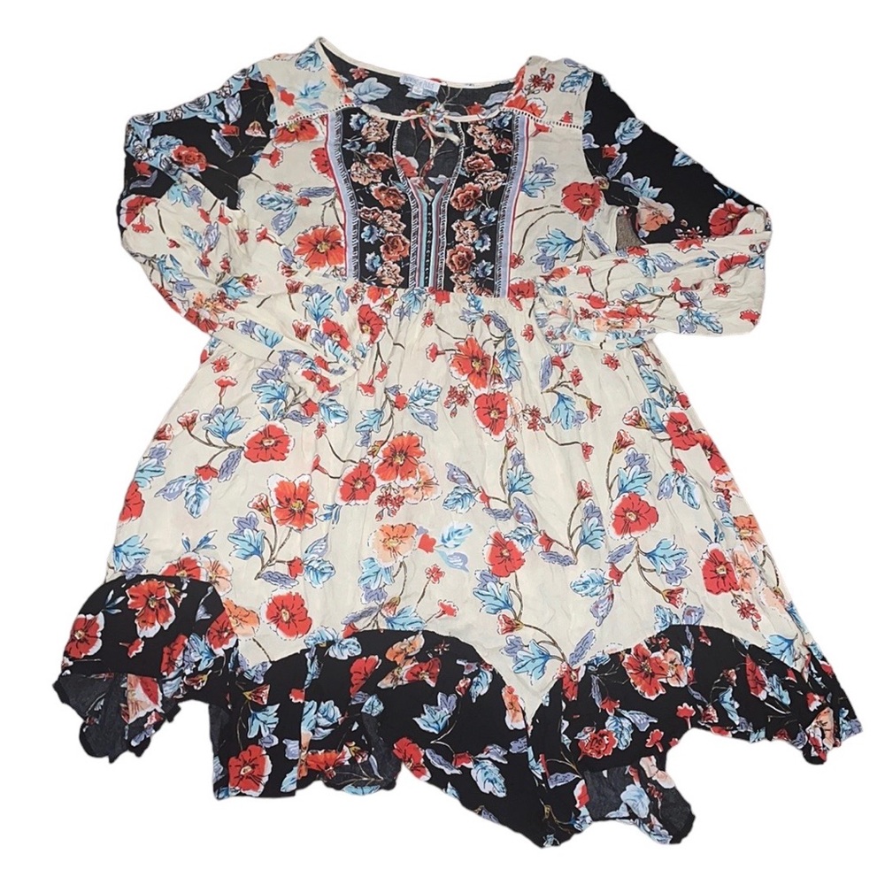 Patrons of Peace Floral Long Sleeve Boho Dress in Cream, Black, Red, Blue